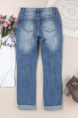 Floral Graphic Patchwork Distressed Jeans with Pockets