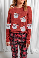 Red Sequined Santa Claus Graphic Top Plaid Pants Lounge Set