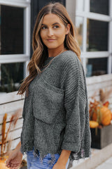 Rippstrickpullover im Used-Look mit Brusttasche