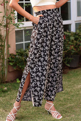 Hose mit weitem Bein und Paperbag-Taille mit Blumenmuster und Schlitz am Knöchel