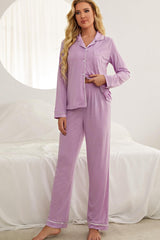 Contrast Piping Button Down Top Pants Loungewear Set