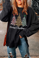 Schwarzes Sweatshirt mit Weihnachtsmotiv und Leopardenmuster