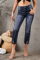 Cropped-Jeans mit Used-Look und Saumdetail