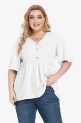 Chemisier babydoll boutonné à col en V et bordure à volants grande taille