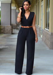 High Waist V neck Wide Leg Irregular Asymmetric Suit with Belt Jumpsuit
