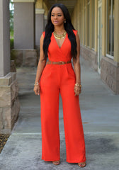 High Waist V neck Wide Leg Irregular Asymmetric Suit with Belt Jumpsuit
