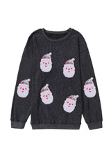 Black Sequined Santa Claus Graphic Corded Sweatshirt
