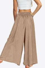 Pantalon long à jambes larges et fendues à smocks