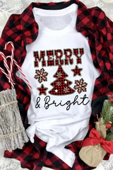 White MERRY Bright Plaid Print Christmas Crewneck Graphic T Shirt