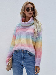Regenbogen-Rollkragenpullover mit Rippenstrick und überschnittenen Schultern