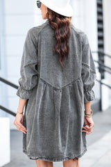 Gray Denim Sequin Cartoon Graphic Long Sleeve Shirt Dress