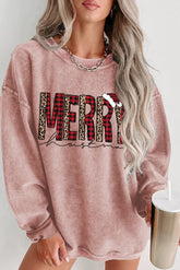Rosafarbenes Cord-Sweatshirt „MERRY Christmas“ mit Karomuster und Leopardenmuster