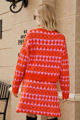 Geometric Dropped Shoulder Cardigan Knit Skirt Set