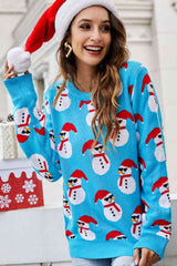 Pull col rond côtelé motif bonhomme de neige de Noël
