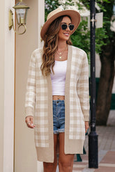Plaid Ribbed Trim Open Front Cardigan