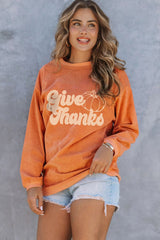 Sweat-shirt à cordon imprimé citrouille « Give Thanks » orange
