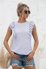 Ruffle Shoulder Tie-Back Crewneck Top