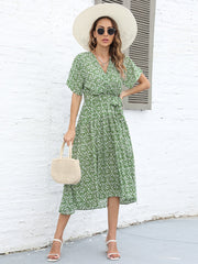 Ditsy Floral Tie-Waist Short Sleeve V-Neck Dress