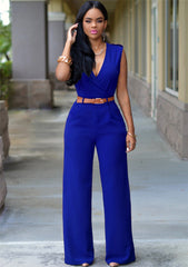 High Waist V neck Wide Leg Irregular Asymmetric Suit with Belt Jumpsuit