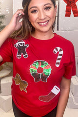 Red Christmas Pattern Sequin Crew Neck Graphic Tee