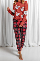 Red Sequined Santa Claus Graphic Top Plaid Pants Lounge Set