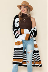Striped Drop Shoulder Open Front Long Cardigan