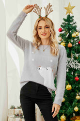 Flauschiger Pullover mit Rundhalsausschnitt und Tiergrafik