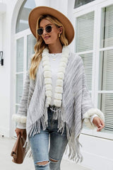Heathered Faux Fur Fringe Hem Poncho