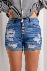 Distressed-Jeansshorts mit Knopfleiste und gestreiftem Futter