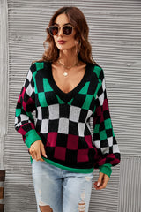 Pull à carreaux, col en V et manches lanternes