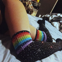 Rhinestone Knee Socks Striped Stockings Rhinestone Socks High-Top Cotton Socks