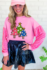 Rosa Sweatshirt mit Paillettenärmeln und Weihnachtsbaum-Grafik