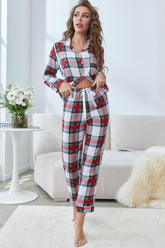Plaid Button Front Top Pants Lounge Set