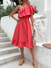 Kleid mit One-Shoulder-Träger und Rüschensaum