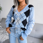 Argyle V-Neck Long Sleeve Sweater