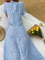 Ditsy Floral Buttoned Puff Sleeve Slit Dress