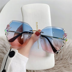 Vintage Rimless Rhinestone UV400 Sunglasses Brander Sunglasses Retro Cutting Lens Gradient Sun Glass Female Shade