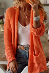 Orange Pockets Open Front Knitted Cardigan