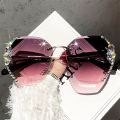Vintage Rimless Rhinestone UV400 Sunglasses Brander Sunglasses Retro Cutting Lens Gradient Sun Glass Female Shade