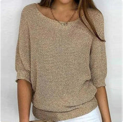 round neck three-quarter sleeve knitted sweater