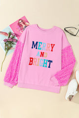 Sweat-shirt graphique rose MERRY BRIGHT à manches pailletées