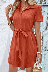 Textured Tie Belt Short Sleeve Dress