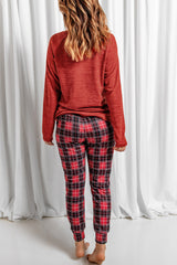 Red Sequined Santa Claus Graphic Top Plaid Pants Lounge Set