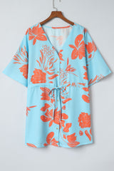 Robe imprimée à col en V et cordon de serrage à la taille