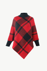 Plaid Mock Neck Handkerchief Hem Poncho