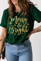 Grünes T-Shirt mit Rundhalsausschnitt und Grafik „Merry & Bright Starry“