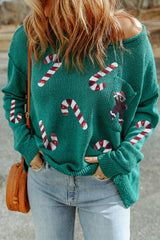 Green Sequined Candy Canes Gingerbread Man Graphic Sweater