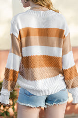 Kastanienbrauner Strickpullover mit Farbblockdesign und langen Ärmeln