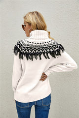 Pull col roulé Fair Isle à franges