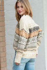 Khaki Geometric Print Ribbed Knitted V Neck Sweater